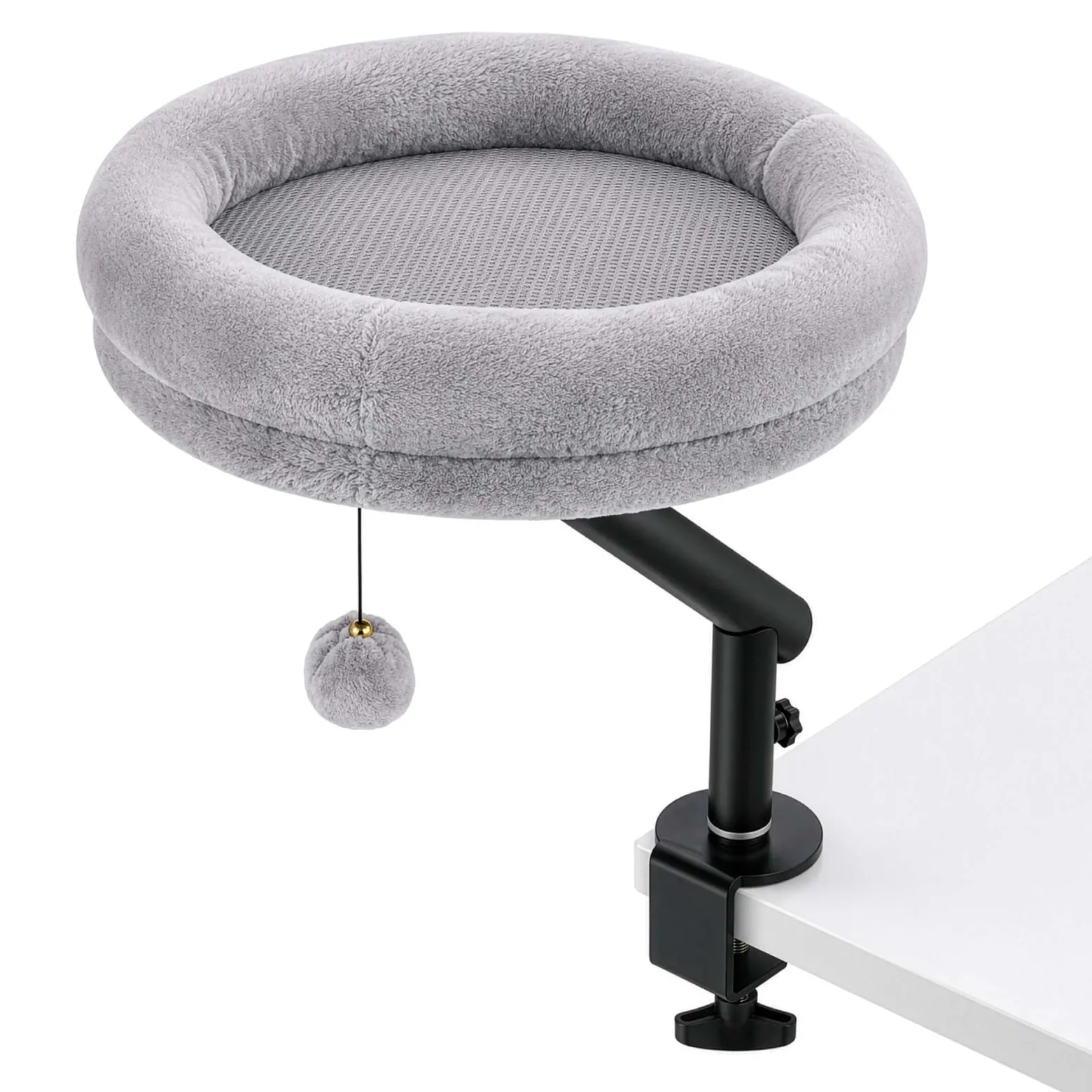 Fudajo Katzenbett für den Schreibtisch 40 x 40 cm hellgrau belastbar bis 15 kg, Katzenliege mit Klemmsystem, Kuschelbett mit Plüsch und Spielball