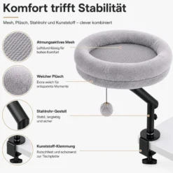 Fudajo Katzenbett für den Schreibtisch 40 x 40 cm hellgrau belastbar bis 15 kg, Katzenliege mit Klemmsystem, Kuschelbett mit Plüsch und Spielball