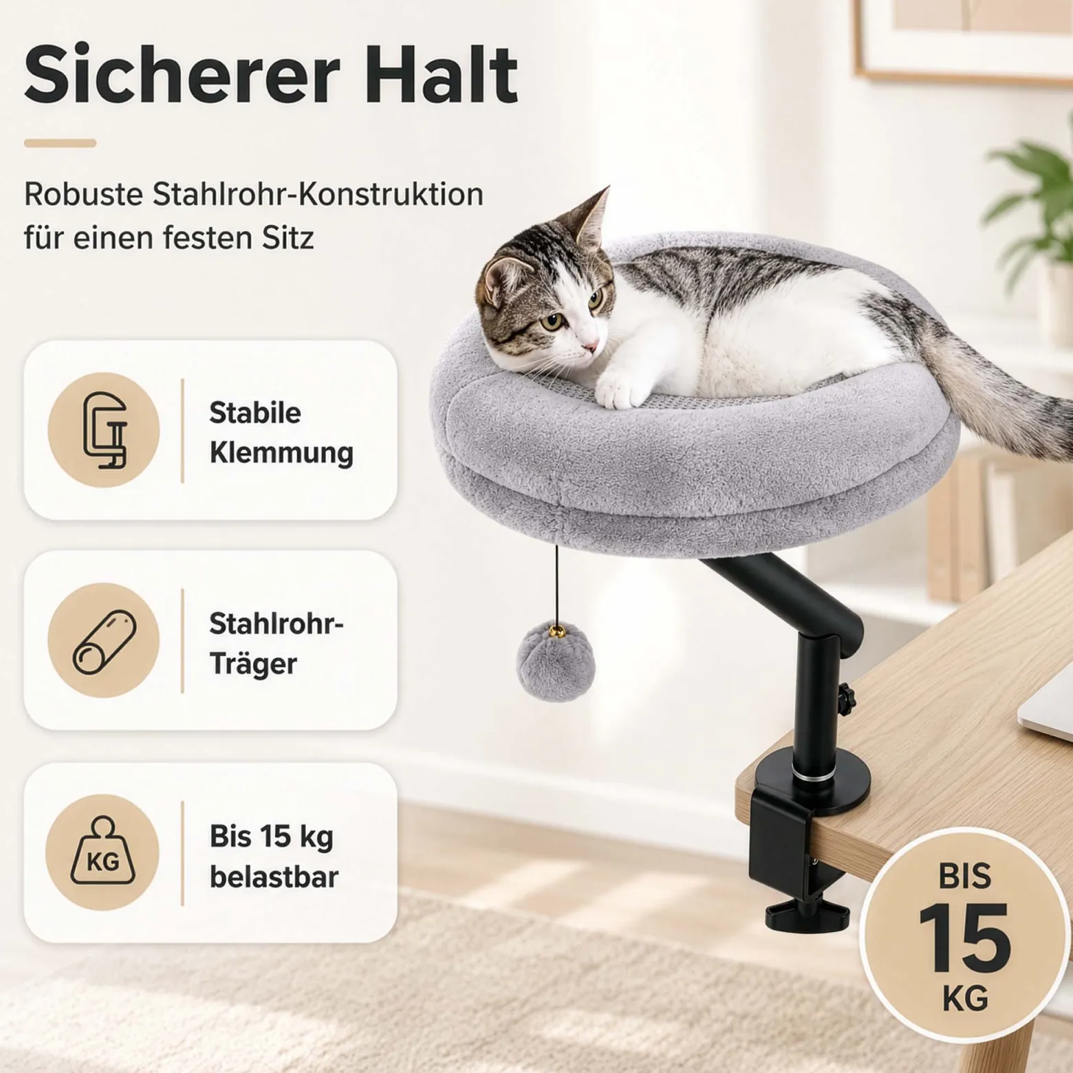 Fudajo Katzenbett für den Schreibtisch 40 x 40 cm hellgrau belastbar bis 15 kg, Katzenliege mit Klemmsystem, Kuschelbett mit Plüsch und Spielball