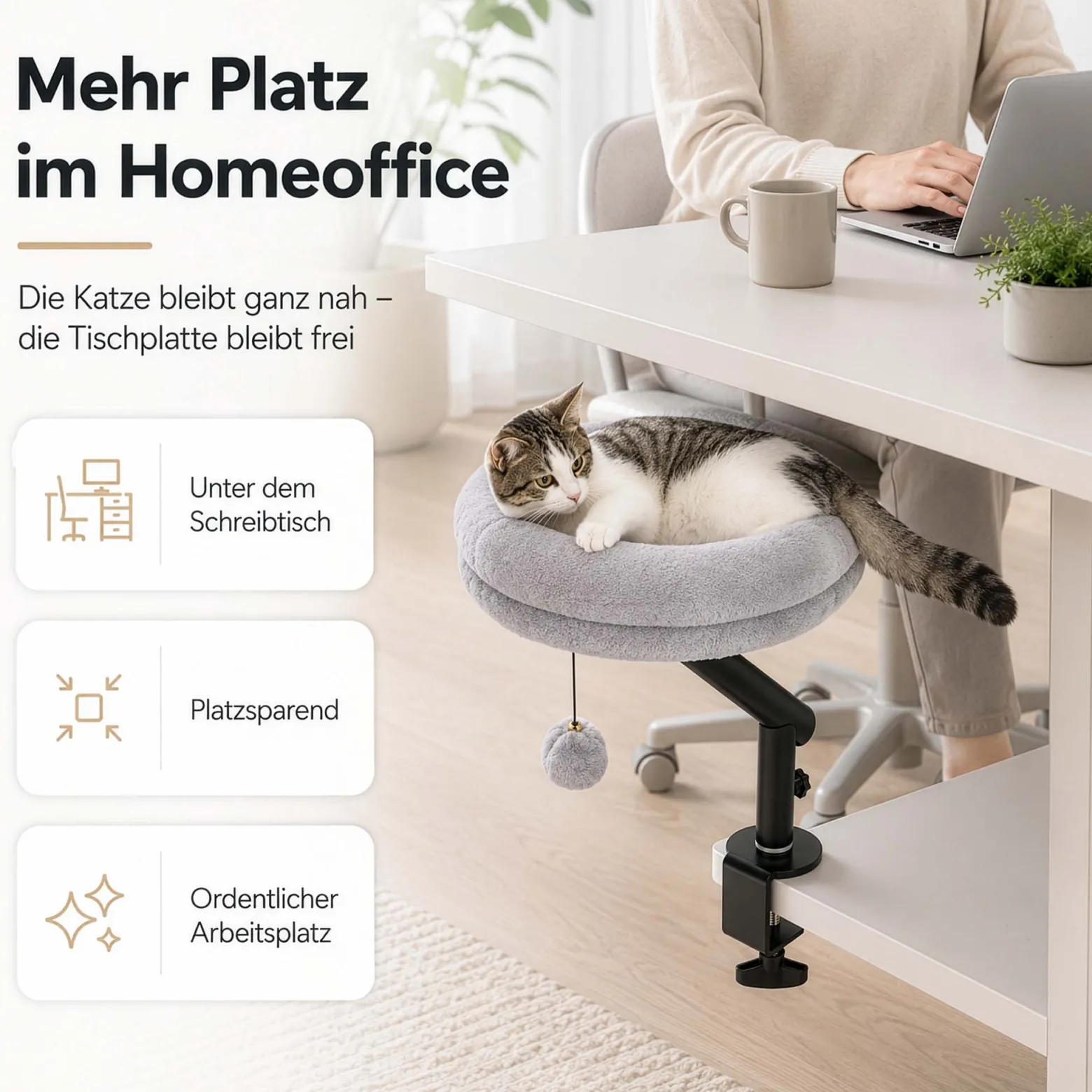 Fudajo Katzenbett für den Schreibtisch 40 x 40 cm hellgrau belastbar bis 15 kg, Katzenliege mit Klemmsystem, Kuschelbett mit Plüsch und Spielball