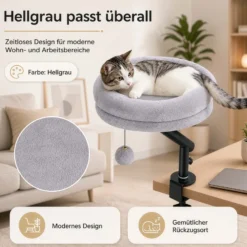 Fudajo Katzenbett für den Schreibtisch 40 x 40 cm hellgrau belastbar bis 15 kg, Katzenliege mit Klemmsystem, Kuschelbett mit Plüsch und Spielball