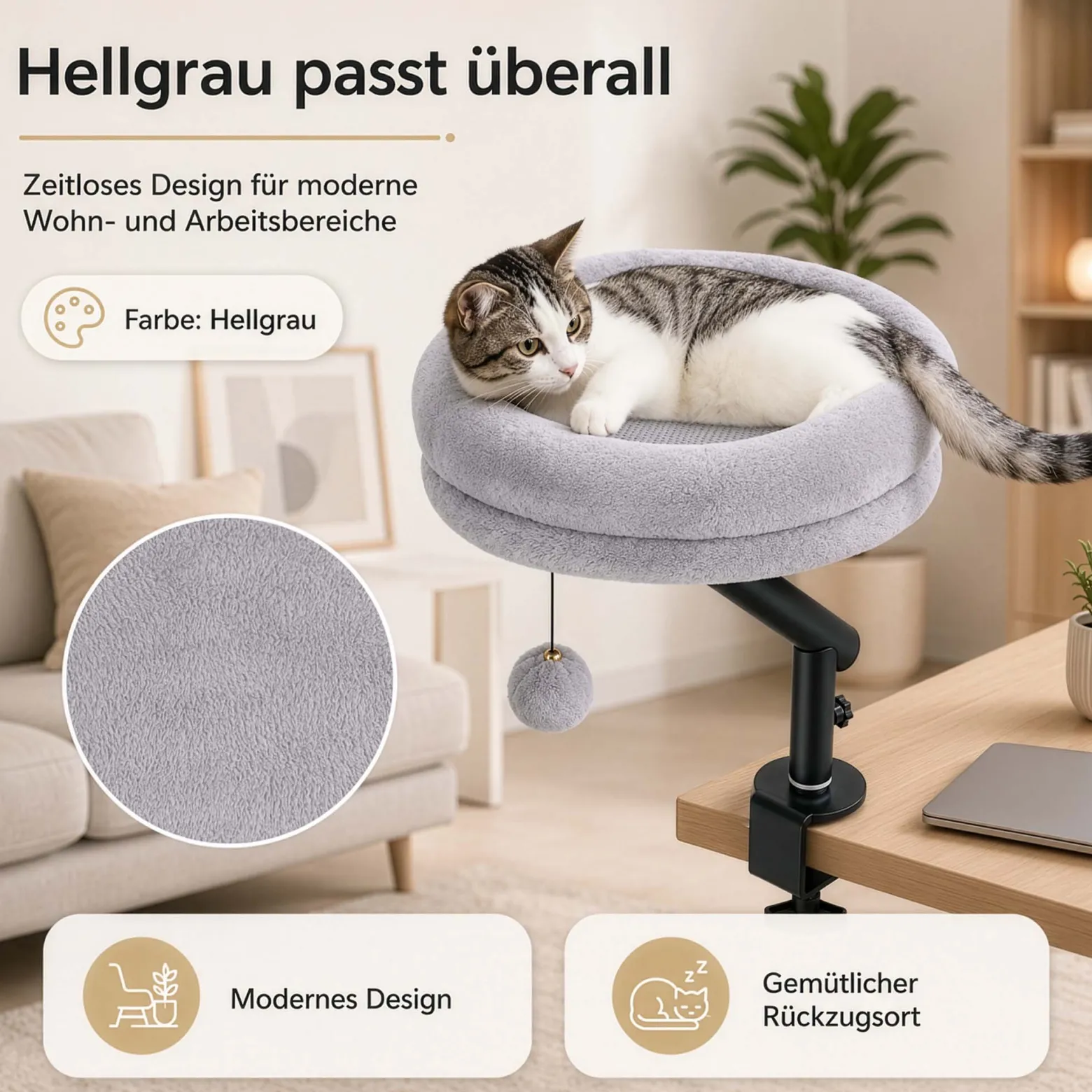 Fudajo Katzenbett für den Schreibtisch 40 x 40 cm hellgrau belastbar bis 15 kg, Katzenliege mit Klemmsystem, Kuschelbett mit Plüsch und Spielball