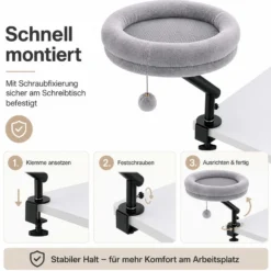 Fudajo Katzenbett für den Schreibtisch 40 x 40 cm hellgrau belastbar bis 15 kg, Katzenliege mit Klemmsystem, Kuschelbett mit Plüsch und Spielball