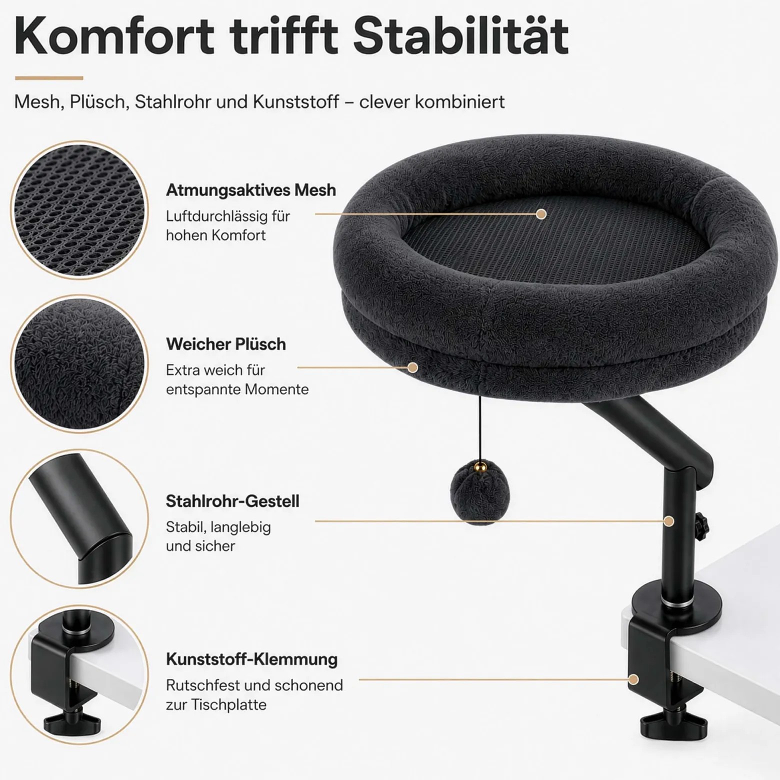 Fudajo Katzenbett für den Schreibtisch 40 x 40 cm dunkelgrau belastbar bis 15 kg, Katzenliege mit Klemmsystem, Kuschelbett mit Plüsch und Spielball