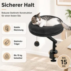 Fudajo Katzenbett für den Schreibtisch 40 x 40 cm dunkelgrau belastbar bis 15 kg, Katzenliege mit Klemmsystem, Kuschelbett mit Plüsch und Spielball