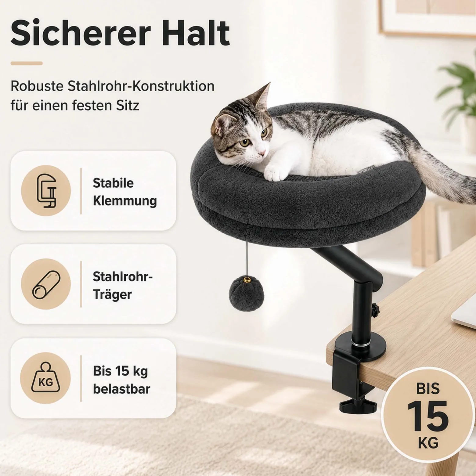 Fudajo Katzenbett für den Schreibtisch 40 x 40 cm dunkelgrau belastbar bis 15 kg, Katzenliege mit Klemmsystem, Kuschelbett mit Plüsch und Spielball