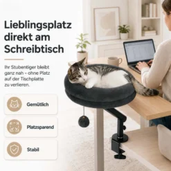 Fudajo Katzenbett für den Schreibtisch 40 x 40 cm dunkelgrau belastbar bis 15 kg, Katzenliege mit Klemmsystem, Kuschelbett mit Plüsch und Spielball