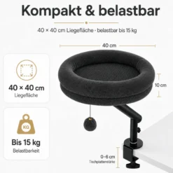 Fudajo Katzenbett für den Schreibtisch 40 x 40 cm dunkelgrau belastbar bis 15 kg, Katzenliege mit Klemmsystem, Kuschelbett mit Plüsch und Spielball