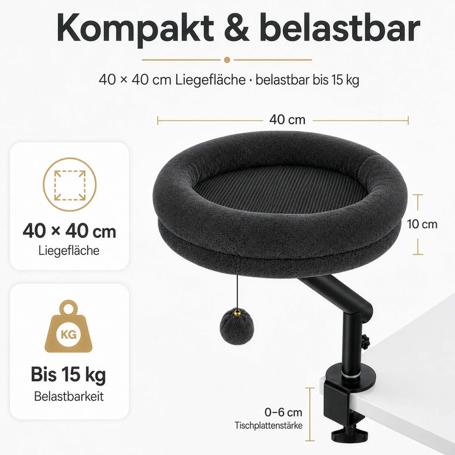 Fudajo Katzenbett für den Schreibtisch 40 x 40 cm dunkelgrau belastbar bis 15 kg, Katzenliege mit Klemmsystem, Kuschelbett mit Plüsch und Spielball
