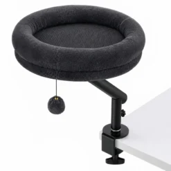 Fudajo Katzenbett für den Schreibtisch 40 x 40 cm dunkelgrau belastbar bis 15 kg, Katzenliege mit Klemmsystem, Kuschelbett mit Plüsch und Spielball