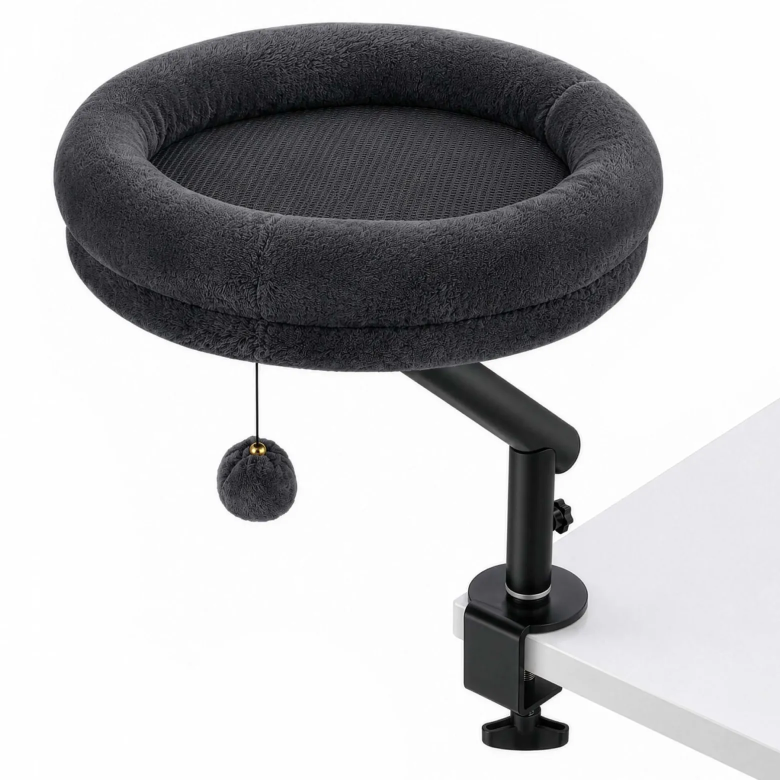 Fudajo Katzenbett für den Schreibtisch 40 x 40 cm dunkelgrau belastbar bis 15 kg, Katzenliege mit Klemmsystem, Kuschelbett mit Plüsch und Spielball