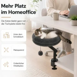 Fudajo Katzenbett für den Schreibtisch 40 x 40 cm dunkelgrau belastbar bis 15 kg, Katzenliege mit Klemmsystem, Kuschelbett mit Plüsch und Spielball