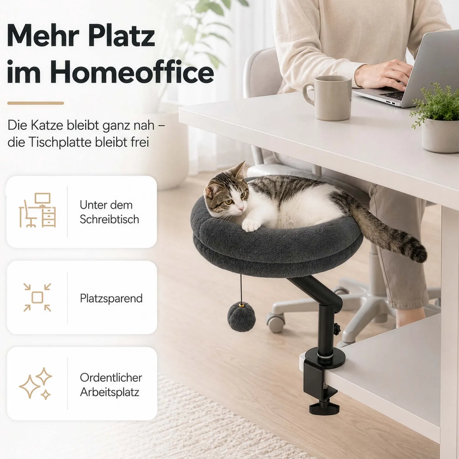 Fudajo Katzenbett für den Schreibtisch 40 x 40 cm dunkelgrau belastbar bis 15 kg, Katzenliege mit Klemmsystem, Kuschelbett mit Plüsch und Spielball