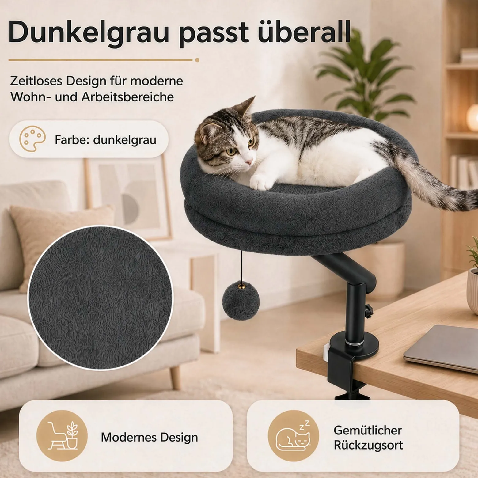Fudajo Katzenbett für den Schreibtisch 40 x 40 cm dunkelgrau belastbar bis 15 kg, Katzenliege mit Klemmsystem, Kuschelbett mit Plüsch und Spielball