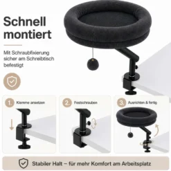 Fudajo Katzenbett für den Schreibtisch 40 x 40 cm dunkelgrau belastbar bis 15 kg, Katzenliege mit Klemmsystem, Kuschelbett mit Plüsch und Spielball