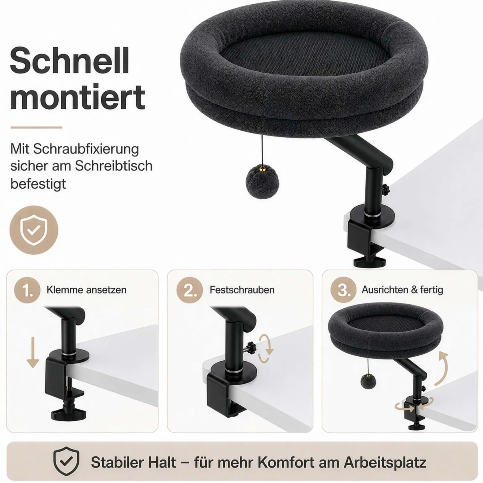 Fudajo Katzenbett für den Schreibtisch 40 x 40 cm dunkelgrau belastbar bis 15 kg, Katzenliege mit Klemmsystem, Kuschelbett mit Plüsch und Spielball