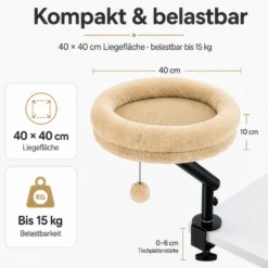 Fudajo Katzenbett für den Schreibtisch 40 x 40 cm beige belastbar bis 15 kg, Katzenliege mit Klemmsystem, Kuschelbett mit Plüsch und Spielball