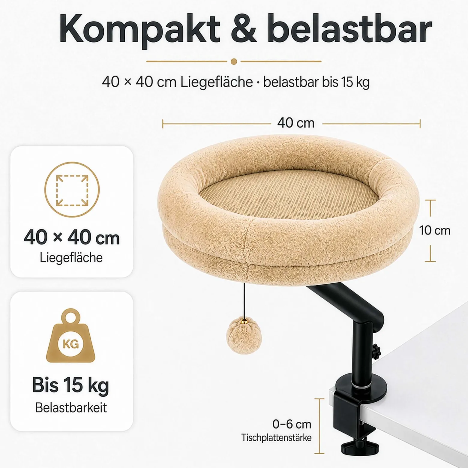 Fudajo Katzenbett für den Schreibtisch 40 x 40 cm beige belastbar bis 15 kg, Katzenliege mit Klemmsystem, Kuschelbett mit Plüsch und Spielball