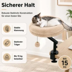 Fudajo Katzenbett für den Schreibtisch 40 x 40 cm beige belastbar bis 15 kg, Katzenliege mit Klemmsystem, Kuschelbett mit Plüsch und Spielball