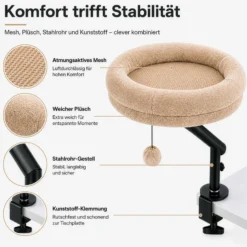 Fudajo Katzenbett für den Schreibtisch 40 x 40 cm beige belastbar bis 15 kg, Katzenliege mit Klemmsystem, Kuschelbett mit Plüsch und Spielball