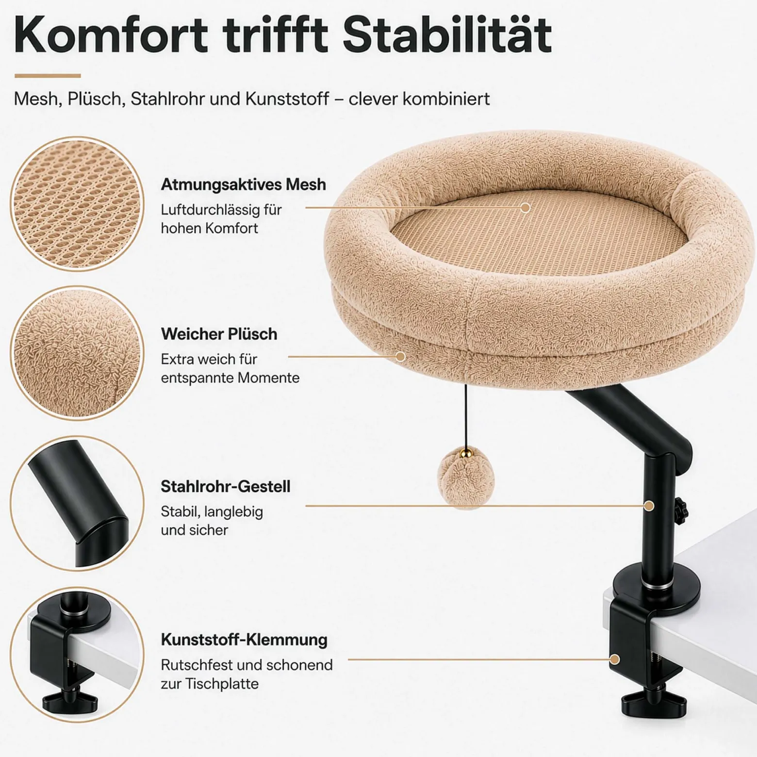 Fudajo Katzenbett für den Schreibtisch 40 x 40 cm beige belastbar bis 15 kg, Katzenliege mit Klemmsystem, Kuschelbett mit Plüsch und Spielball