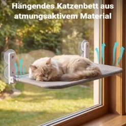 Fudajo Katzenbett Hängematte 30 x 60 cm hellgrau, Katzenhängematte Fenster bis 10 kg, Katzenliege mit Saugnäpfen für Fensterplatz