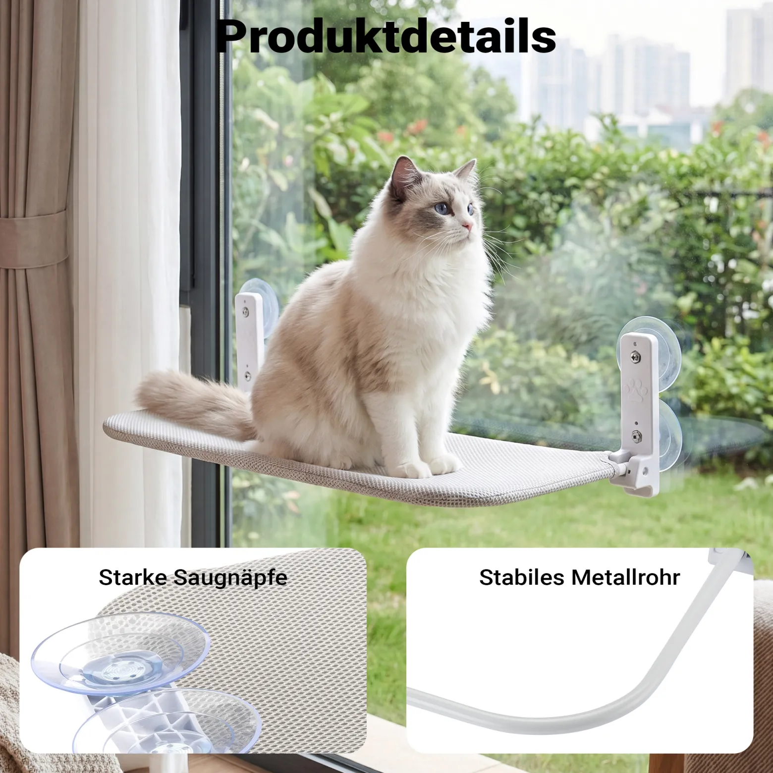 Fudajo Katzenbett Hängematte 30 x 60 cm hellgrau, Katzenhängematte Fenster bis 10 kg, Katzenliege mit Saugnäpfen für Fensterplatz