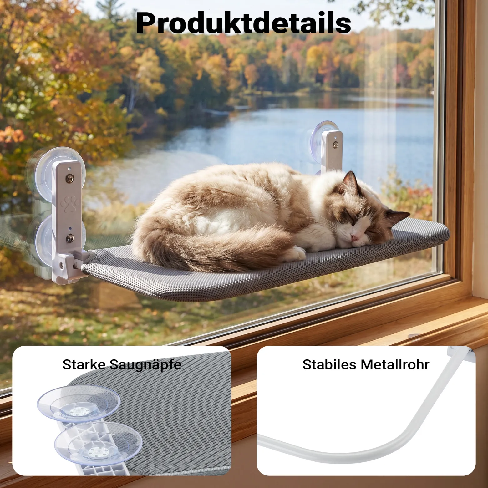 Fudajo Katzenbett Hängematte 30 x 60 cm dunkelgrau, Katzenhängematte Fenster bis 10 kg, Katzenliege mit Saugnäpfen für Fensterplatz