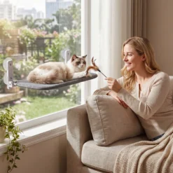 Fudajo Katzenbett Hängematte 30 x 60 cm dunkelgrau, Katzenhängematte Fenster bis 10 kg, Katzenliege mit Saugnäpfen für Fensterplatz