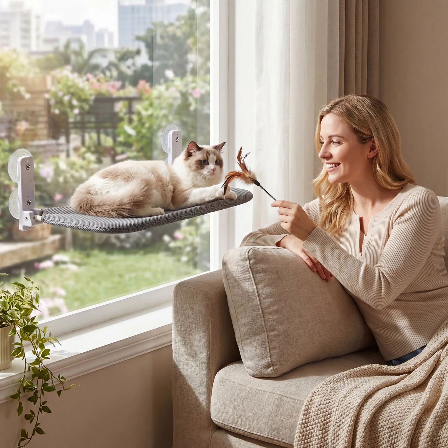 Fudajo Katzenbett Hängematte 30 x 60 cm dunkelgrau, Katzenhängematte Fenster bis 10 kg, Katzenliege mit Saugnäpfen für Fensterplatz