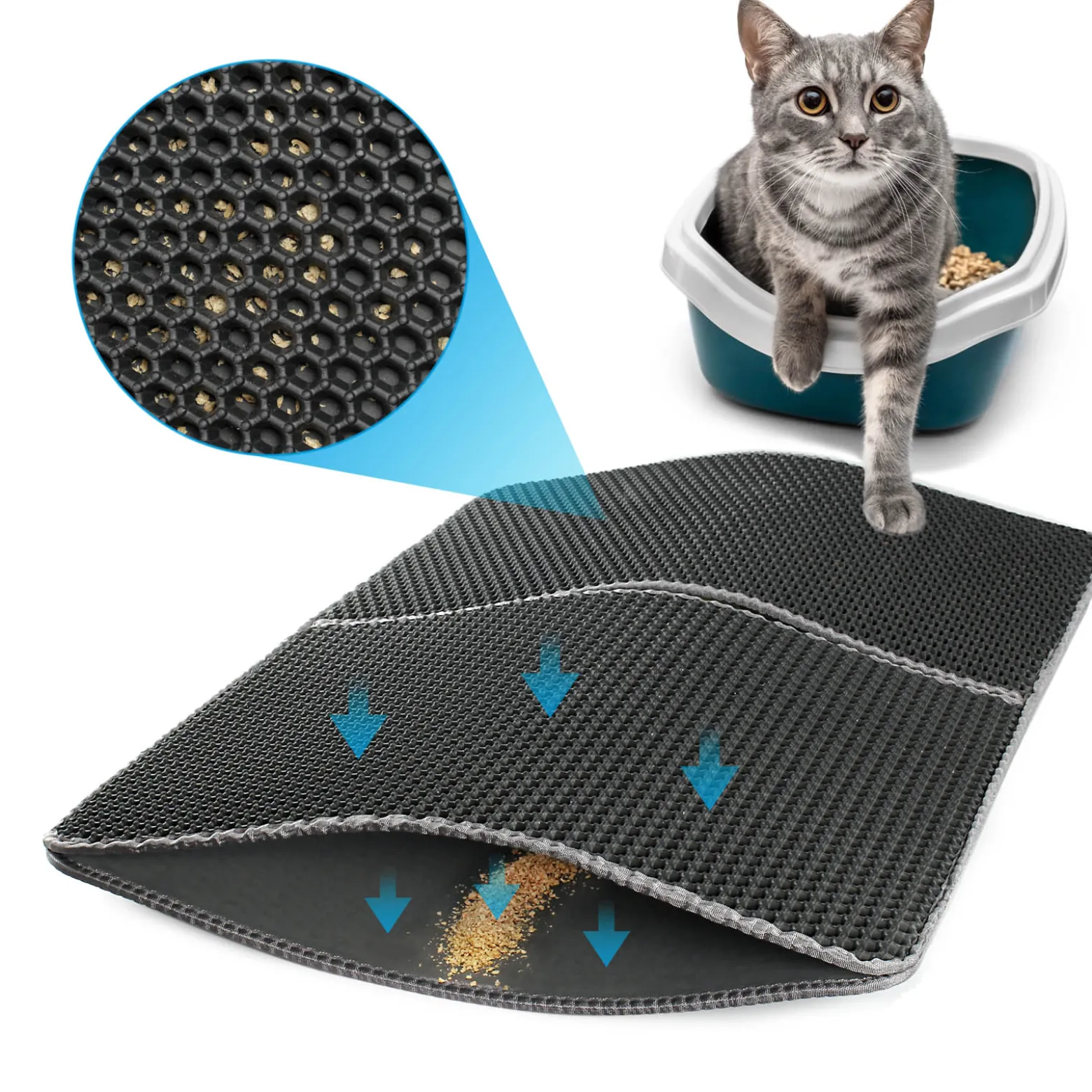Fudajo Katzenstreu Matte faltbar 75 x 55 cm, Katzenklo Matte wasserdicht, Katzenstreu Auffangmatte mit 2 Schichten, Matte für Katzenklo im Wabendesign