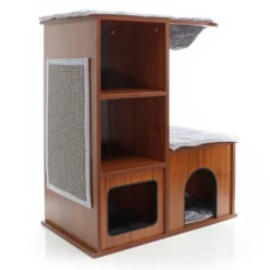 Fudajo Kratzbaum aus Holz 80,5 cm mit Katzenhaus, Design Katzenkratzbaum mit 4 Liegekissen, Katzenturm mit Liegemulde, Katzenhaus mit Kratzmatte
