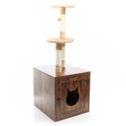 Fudajo Kratzbaum aus Holz 125 cm mit Katzenhaus, Design Katzenkratzbaum in Vintagebraun, 2in1 Katzenhaus mit Katzenklo, Kletterbaum für Katzen