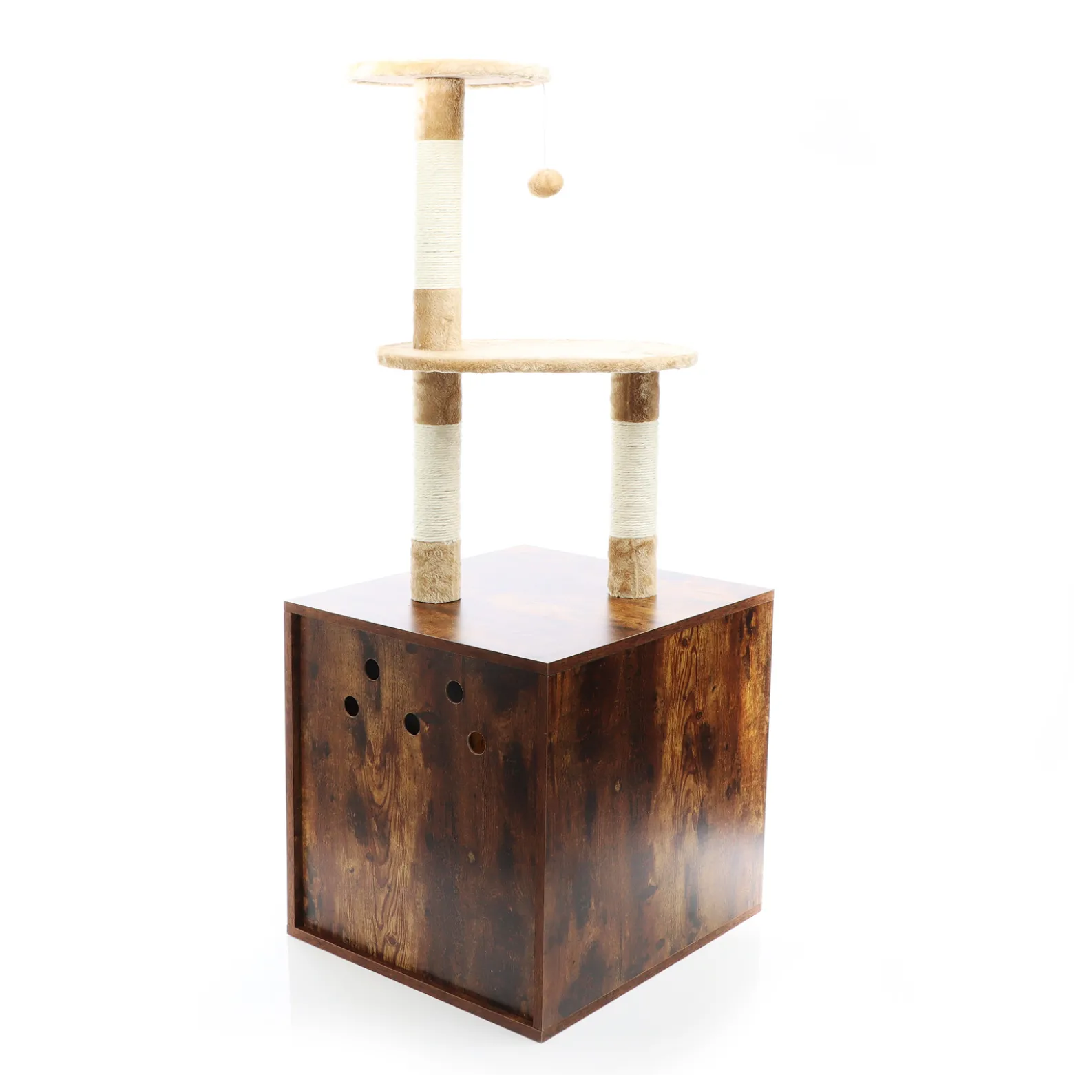 Fudajo Kratzbaum aus Holz 125 cm mit Katzenhaus, Design Katzenkratzbaum in Vintagebraun, 2in1 Katzenhaus mit Katzenklo, Kletterbaum für Katzen
