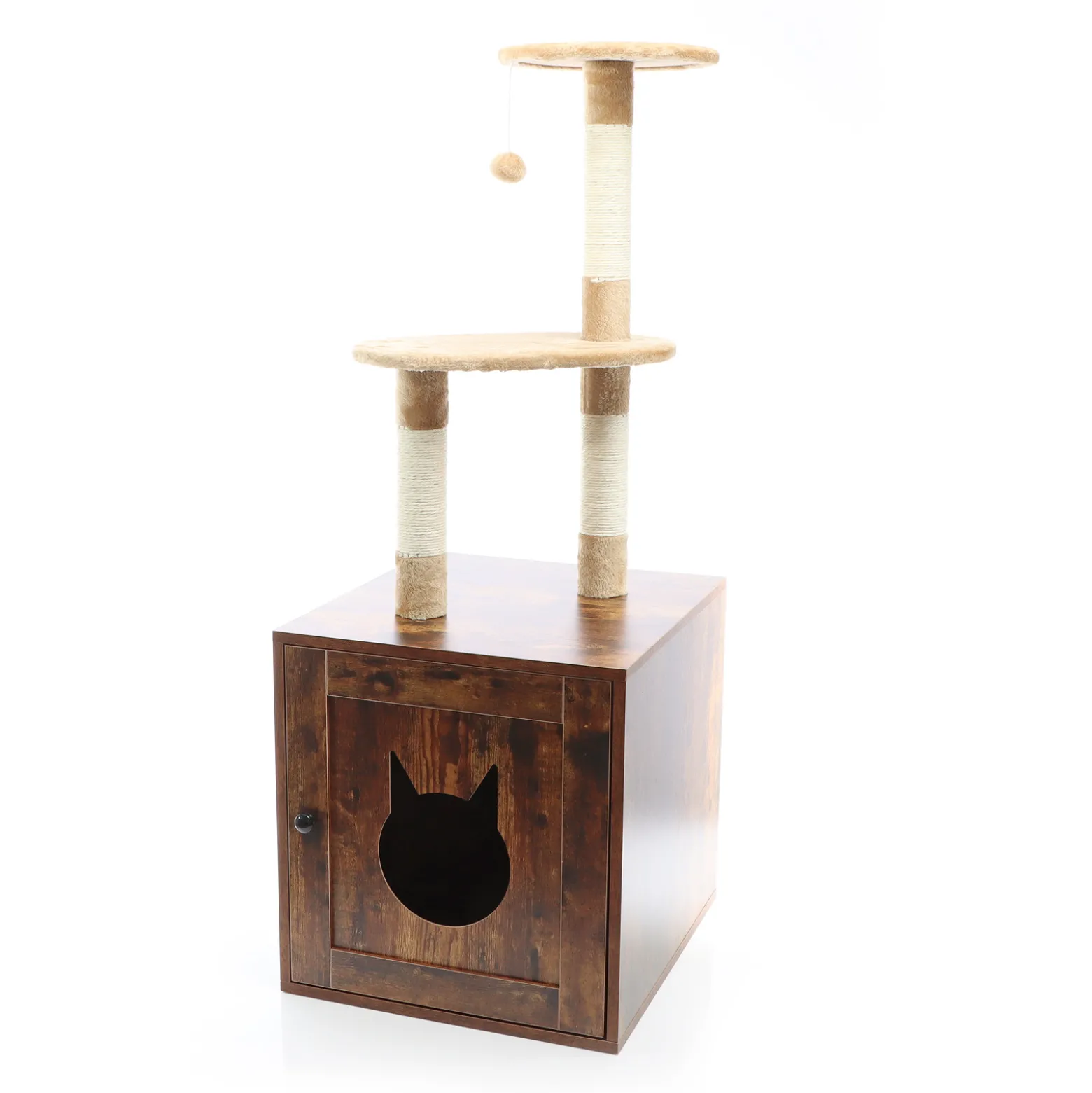 Fudajo Kratzbaum aus Holz 125 cm mit Katzenhaus, Design Katzenkratzbaum in Vintagebraun, 2in1 Katzenhaus mit Katzenklo, Kletterbaum für Katzen