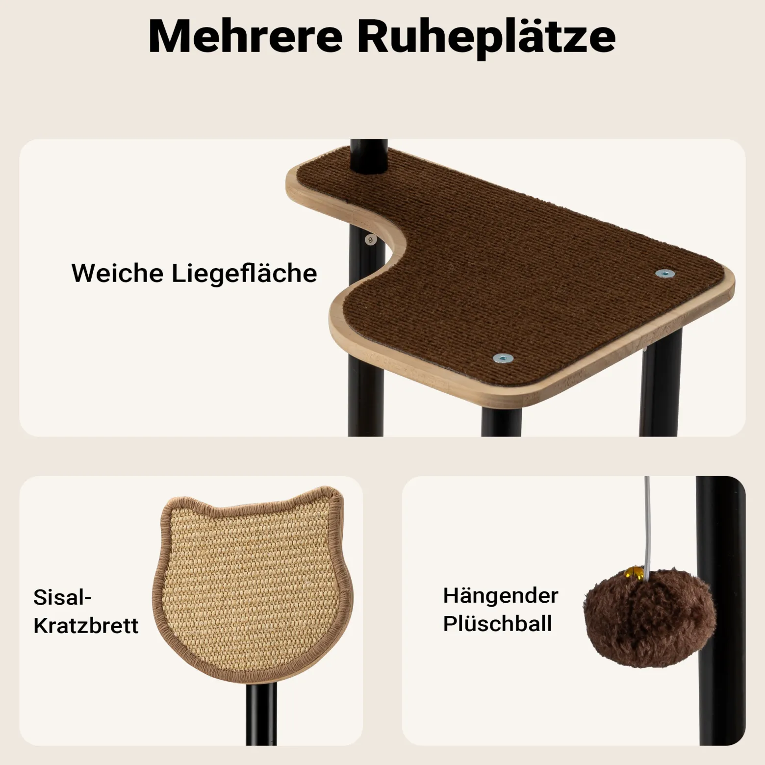 Fudajo Kratzbaum aus Metall 48 x 40 x 120 cm mit Sisal, Kratzmöbel mit Kratzbrett, Katzenbaum mit großer Liegefläche und modernem Design