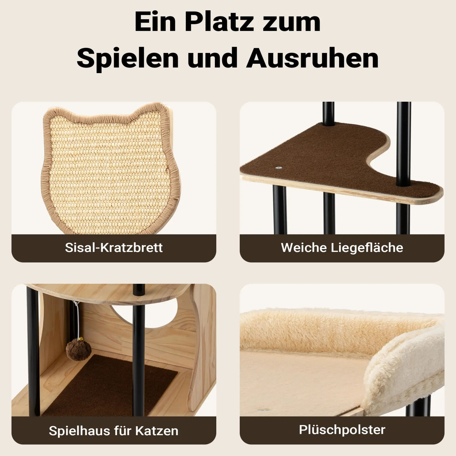 Fudajo Kratzbaum aus Metall 48 x 48 x 168 cm mit Sisal, Kratzmöbel mit Kratzbrett, Katzenbaum mit großer Liegefläche und modernem Design
