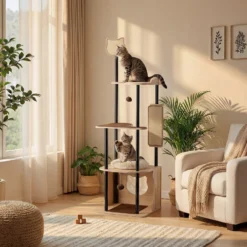 Fudajo Kratzbaum aus Metall 48 x 48 x 168 cm mit Sisal, Kratzmöbel mit Kratzbrett, Katzenbaum mit großer Liegefläche und modernem Design