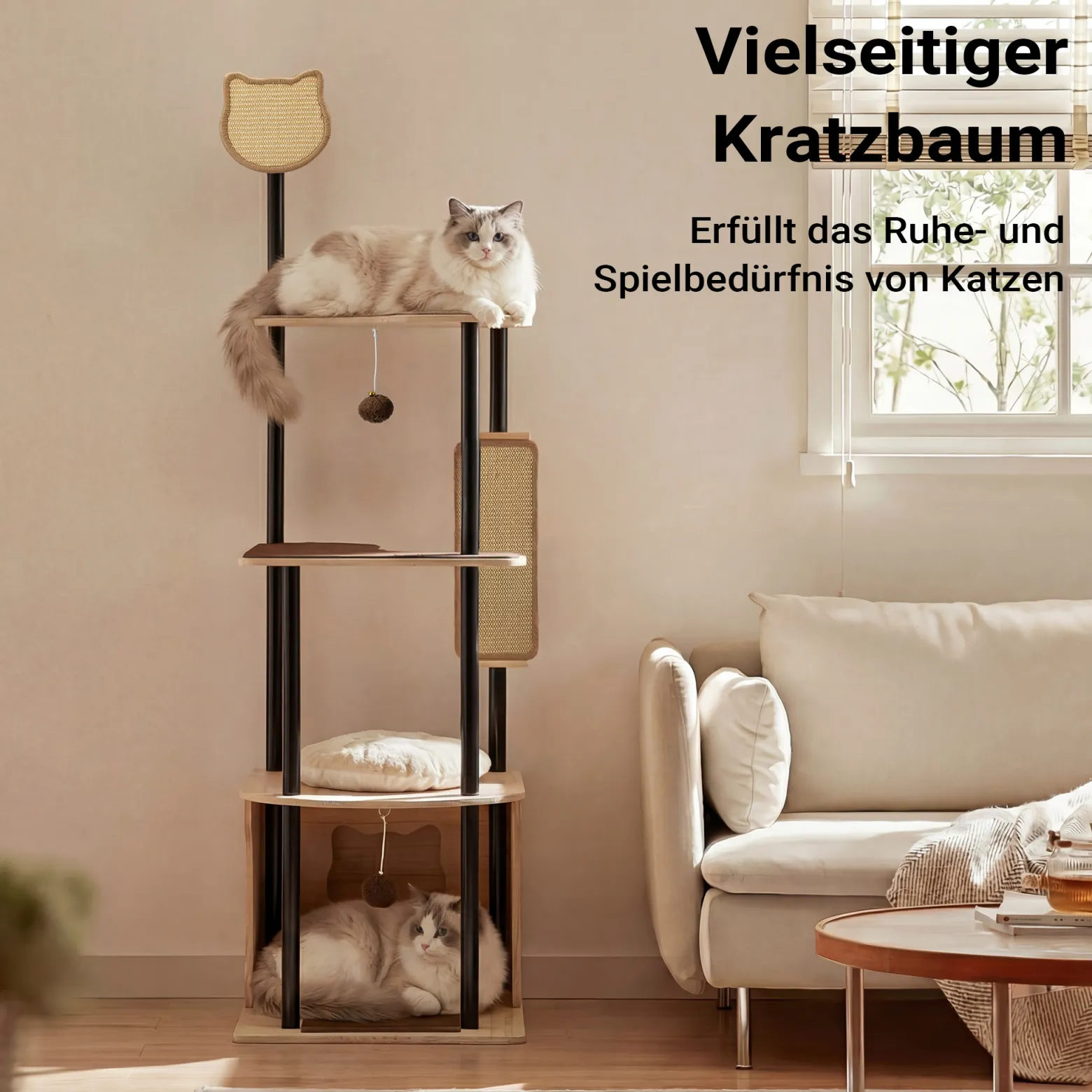 Fudajo Kratzbaum aus Metall 48 x 48 x 168 cm mit Sisal, Kratzmöbel mit Kratzbrett, Katzenbaum mit großer Liegefläche und modernem Design