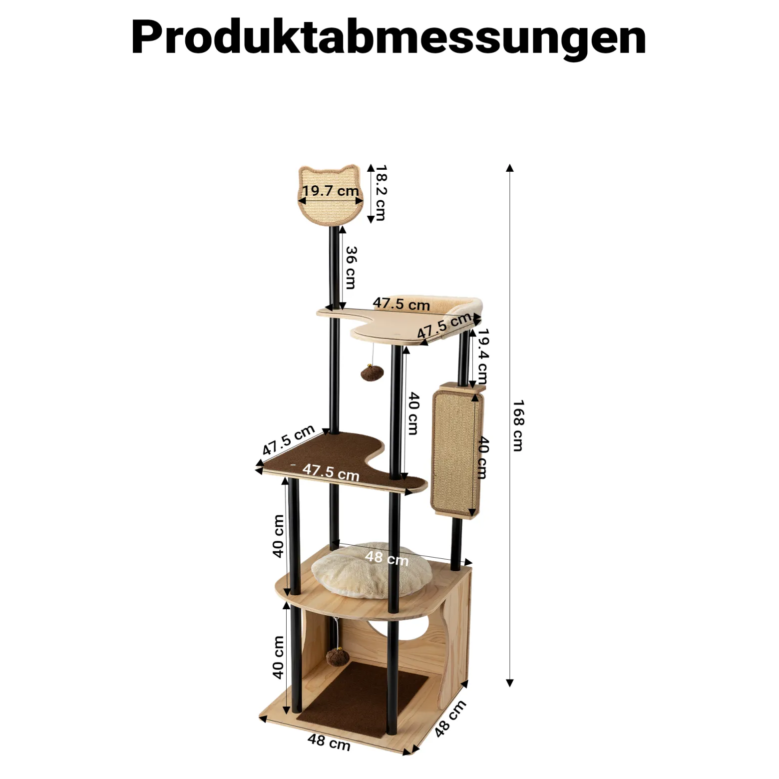 Fudajo Kratzbaum aus Metall 48 x 48 x 168 cm mit Sisal, Kratzmöbel mit Kratzbrett, Katzenbaum mit großer Liegefläche und modernem Design