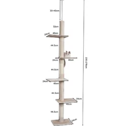 Fudajo Kratzbaum deckenhoch 230–276 cm in Beige, Katzenkratzbaum mit 4 Ebenen, Katzenbaum Deckenspanner höhenverstellbar, Katzenmöbel mit Sisal