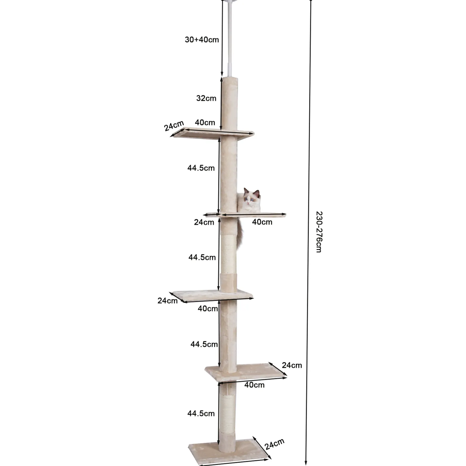 Fudajo Kratzbaum deckenhoch 230–276 cm in Beige, Katzenkratzbaum mit 4 Ebenen, Katzenbaum Deckenspanner höhenverstellbar, Katzenmöbel mit Sisal