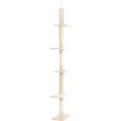 Fudajo Kratzbaum deckenhoch 230–276 cm in Beige, Katzenkratzbaum mit 4 Ebenen, Katzenbaum Deckenspanner höhenverstellbar, Katzenmöbel mit Sisal