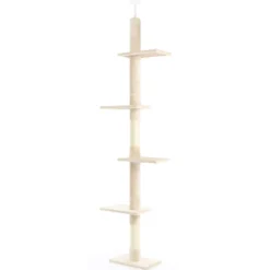 Fudajo Kratzbaum deckenhoch 230–276 cm in Beige, Katzenkratzbaum mit 4 Ebenen, Katzenbaum Deckenspanner höhenverstellbar, Katzenmöbel mit Sisal