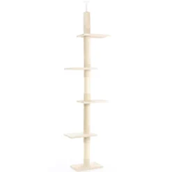 Fudajo Kratzbaum deckenhoch 230–276 cm in Beige, Katzenkratzbaum mit 4 Ebenen, Katzenbaum Deckenspanner höhenverstellbar, Katzenmöbel mit Sisal