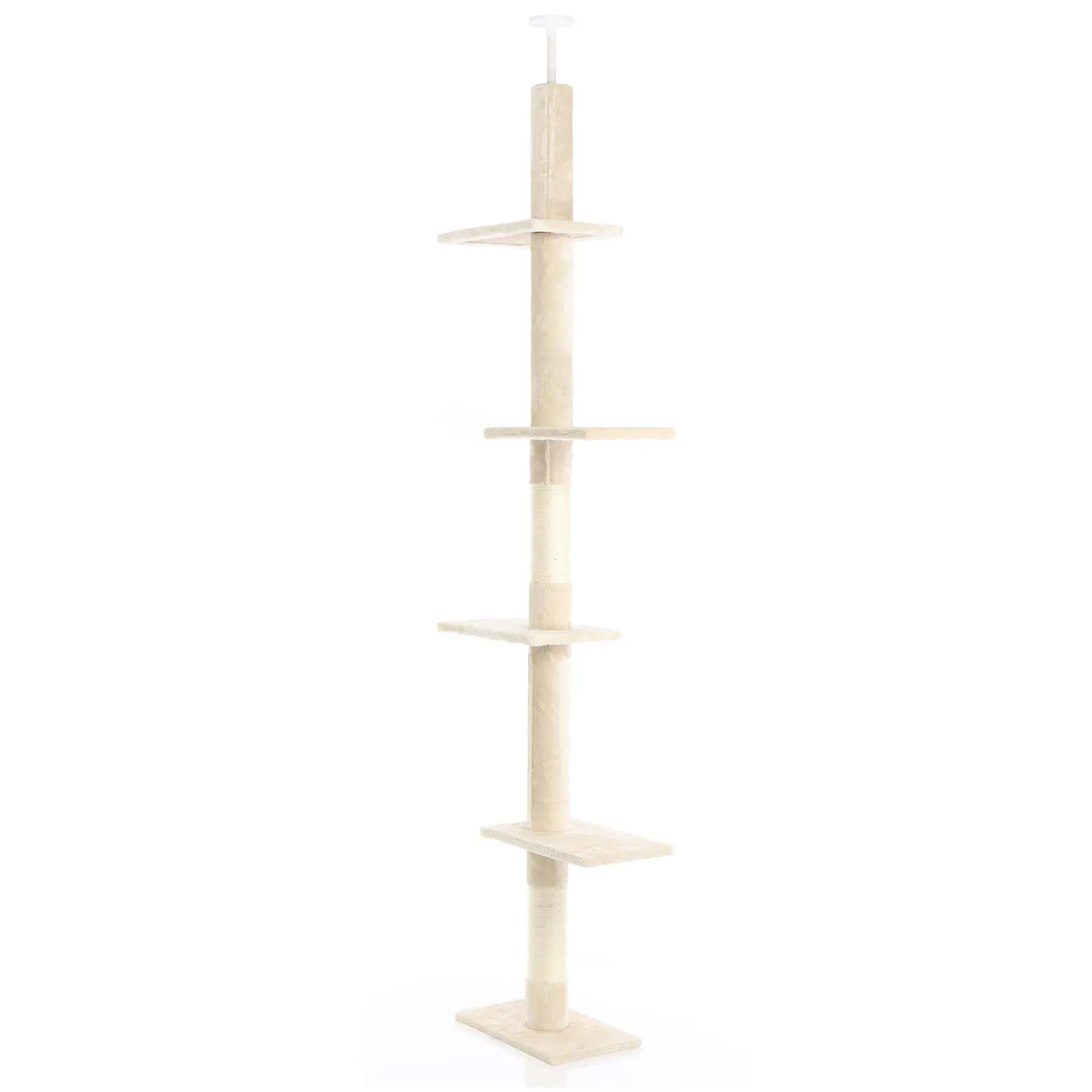 Fudajo Kratzbaum deckenhoch 230–276 cm in Beige, Katzenkratzbaum mit 4 Ebenen, Katzenbaum Deckenspanner höhenverstellbar, Katzenmöbel mit Sisal