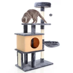 Fudajo Kratzbaum in Dunkelgrau 112 cm hoch, Katzenkratzbaum mit Katzenhaus, Katzenbaum mit Liegemulde und Plattformen, Katzenmöbel mit Kratzbrett