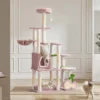 Fudajo Kratzbaum "Kirschen" in Rosa 162 cm hoch, Katzenkratzbaum mit Kratzbrett in Kirsch-Form, Katzenbaum mit Katzenhaus, Liegemulde und Spielbällen