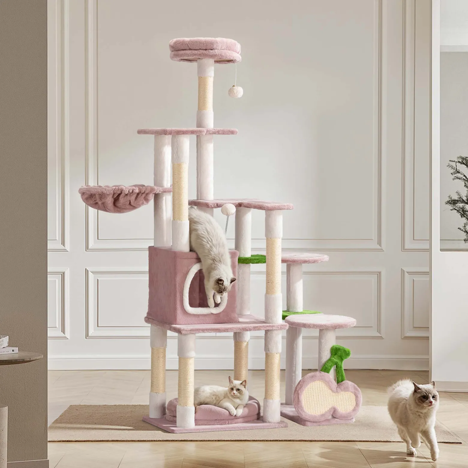 Fudajo Kratzbaum "Kirschen" in Rosa 162 cm hoch, Katzenkratzbaum mit Kratzbrett in Kirsch-Form, Katzenbaum mit Katzenhaus, Liegemulde und Spielbällen