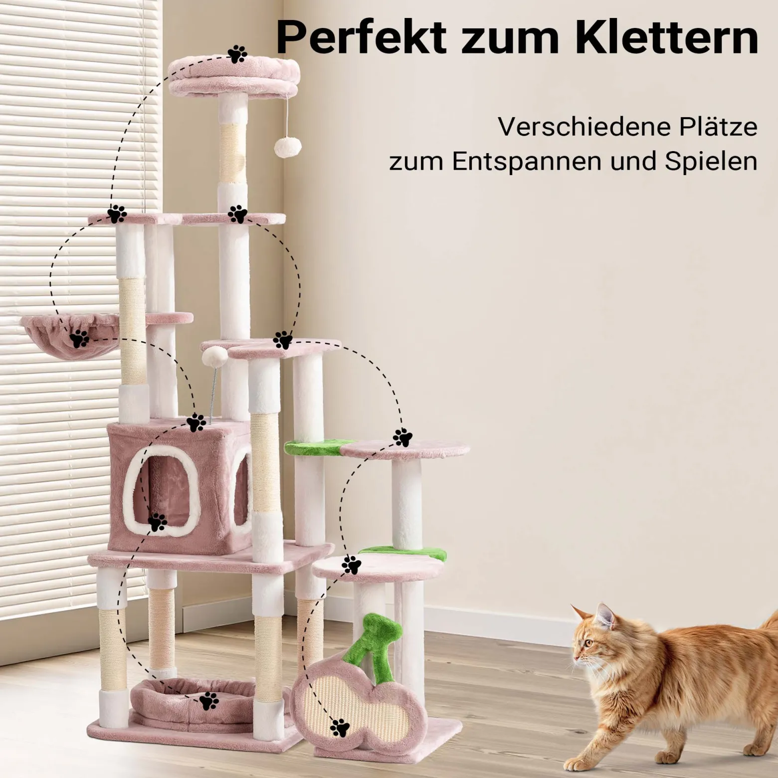 Fudajo Kratzbaum "Kirschen" in Rosa 162 cm hoch, Katzenkratzbaum mit Kratzbrett in Kirsch-Form, Katzenbaum mit Katzenhaus, Liegemulde und Spielbällen